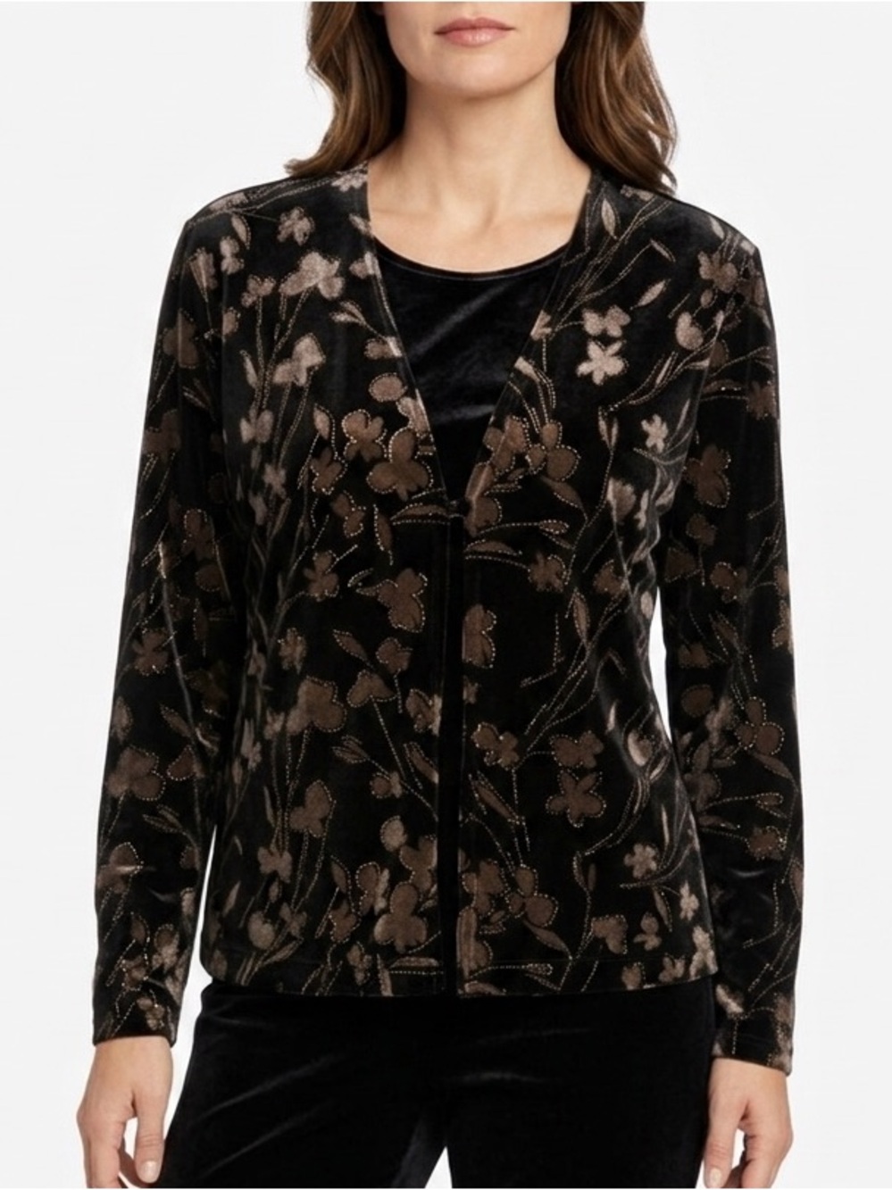 Notations Black Velvet Floral Burnout Mock Cardigan Women Size Small Long Sleeve